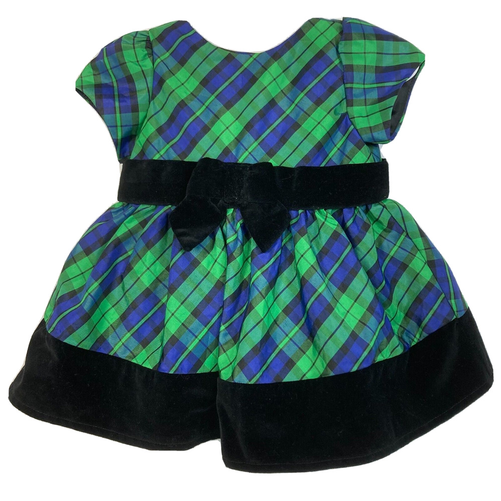 Holiday Editions Dress Baby Girls Sz 3 to 6‎ Months Green Blue Plaid Bow